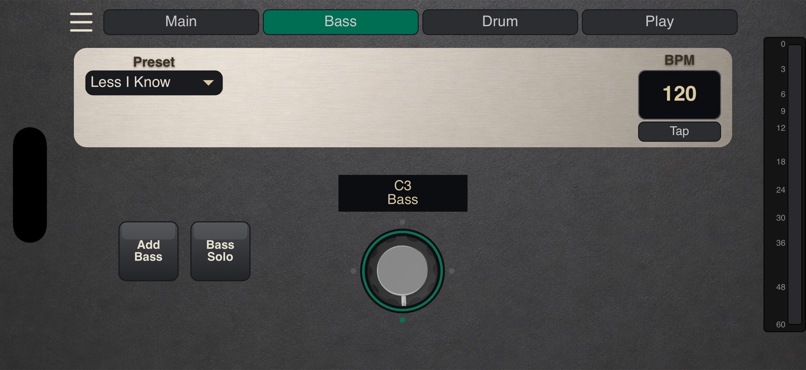 still.synth Bass tab — bass register dial and Bass Solo toggle