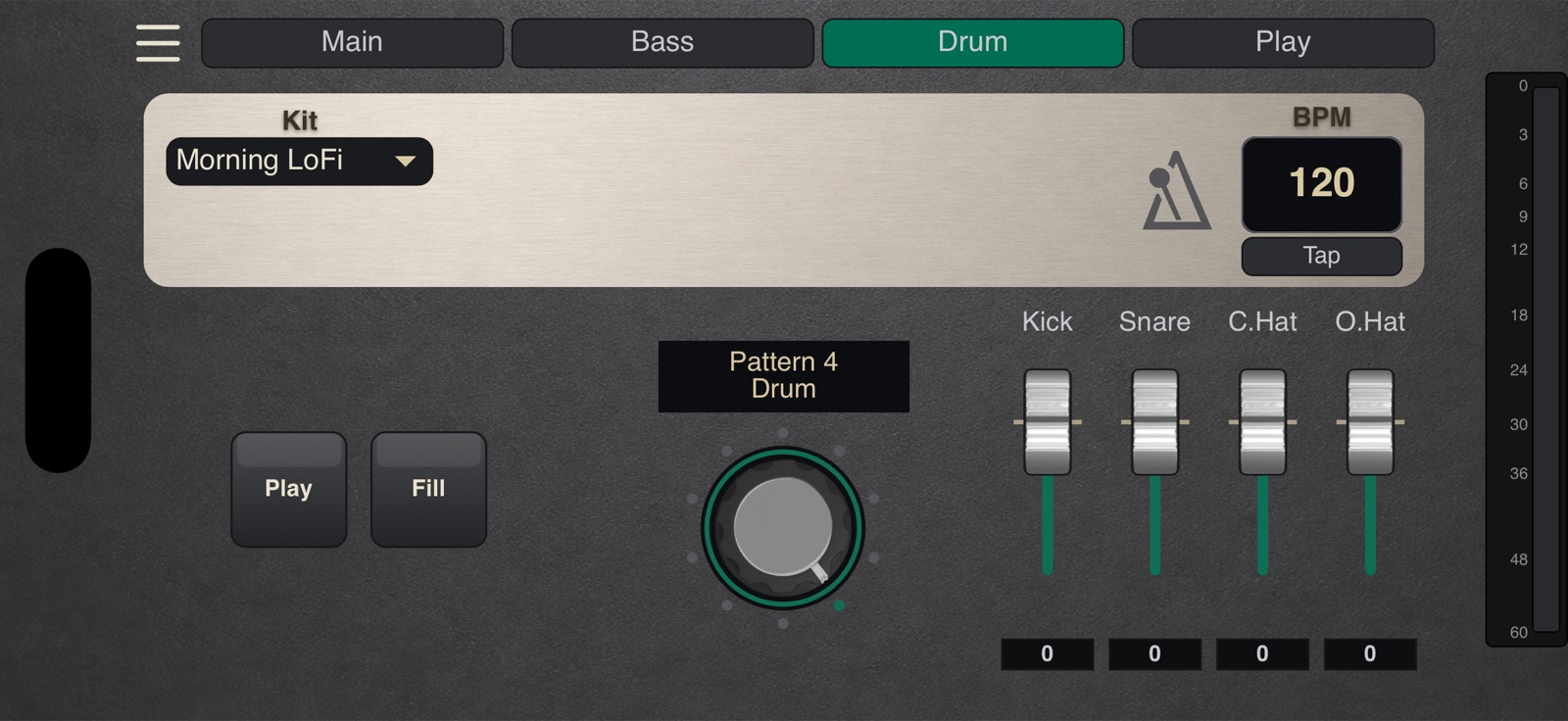still.synth Drum tab — kit picker, pattern dial, Play/Fill buttons and per-drum faders