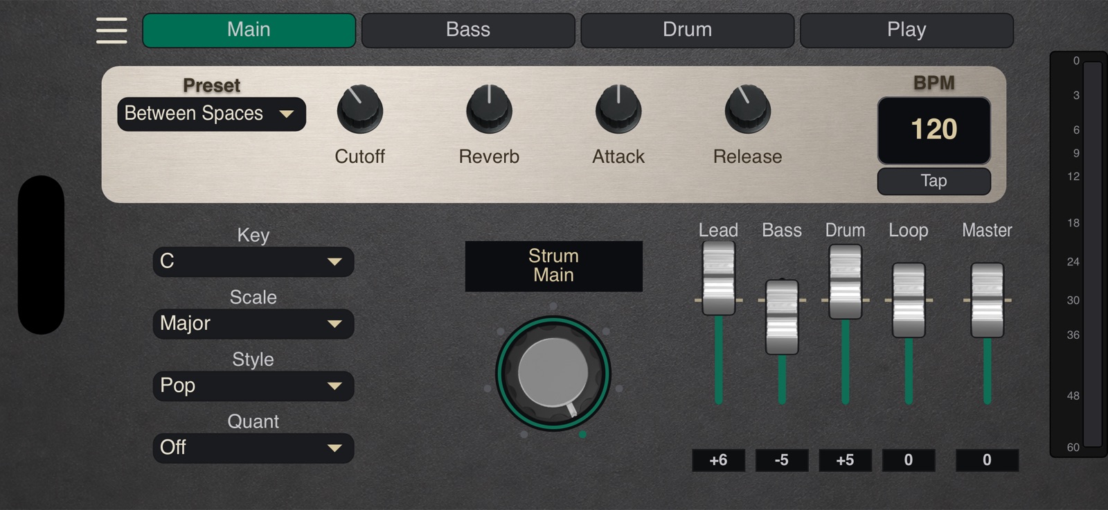 still.synth Main tab — key, scale, style, cutoff/reverb/attack/release, and channel faders
