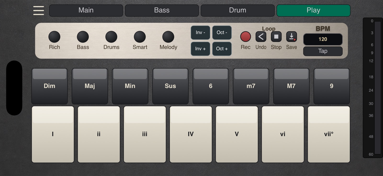 still.synth Play tab — diatonic root pads, chord shape pads and the strum/arp/loop control strip