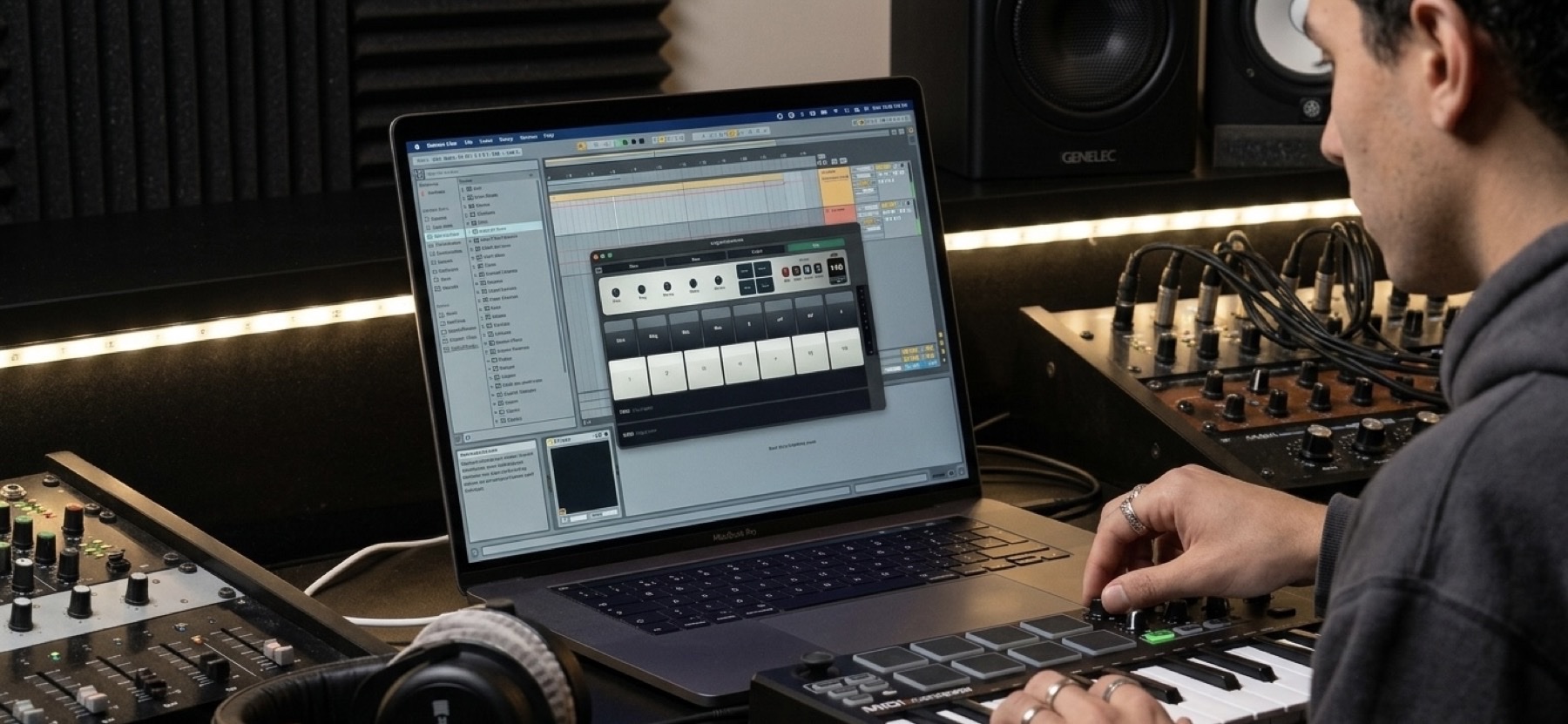 still.synth loaded up in a DAW during a studio session, MIDI controller and outboard gear in frame